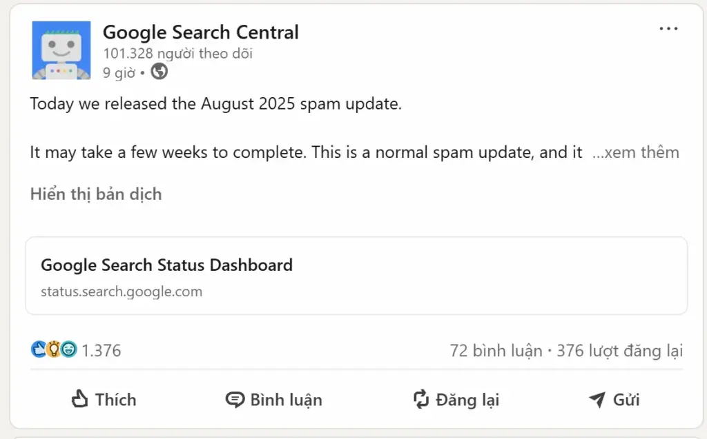 Google thông báo phát hành bản cập nhật chống thư rác tháng 8 năm 2025 trên LinkedIn