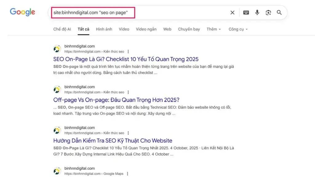 Sử dụng cú pháp site:domain.com "từ khóa" để kiểm tra Keyword Cannibalization.