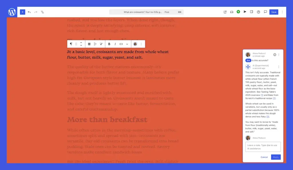 Ghi chú tự động bằng AI trong trình soạn thảo bài viết trên WordPress.com, hiển thị yêu cầu kiểm tra độ chính xác của người dùng trong một đoạn ghi chú về nguyên liệu làm bánh sừng bò.